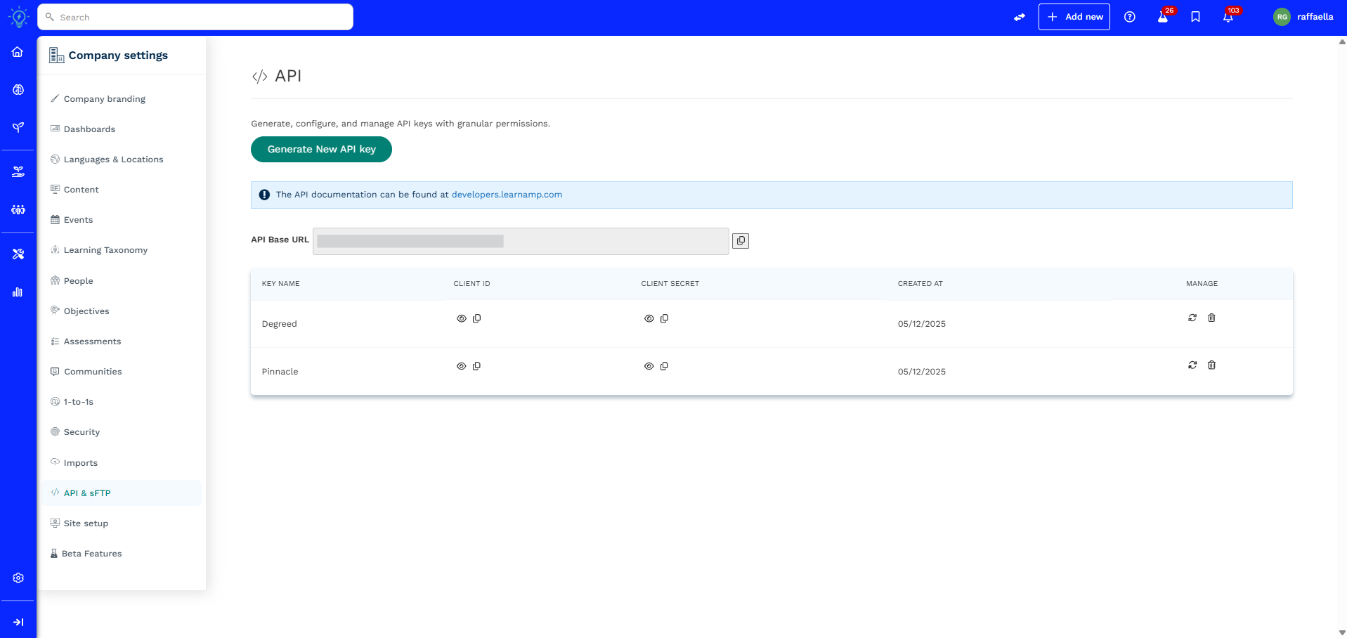 Accessing API credentials for Learn Amp within Company Settings area