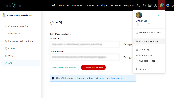 Accessing API credentials for Learn Amp within Company Settings area